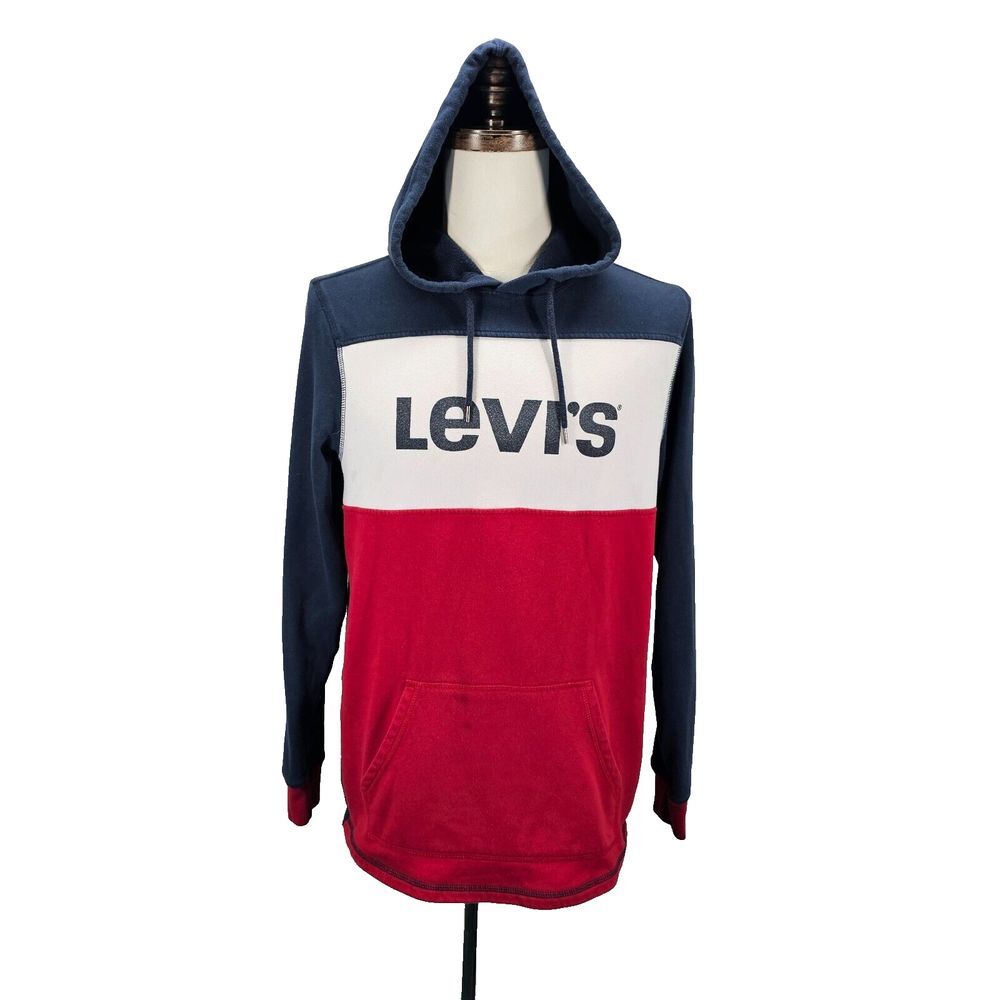 Levi's Hoodie Sweatshirt Adult Medium Spellout‎ Pocket Retro 80s Colorblock EUC
